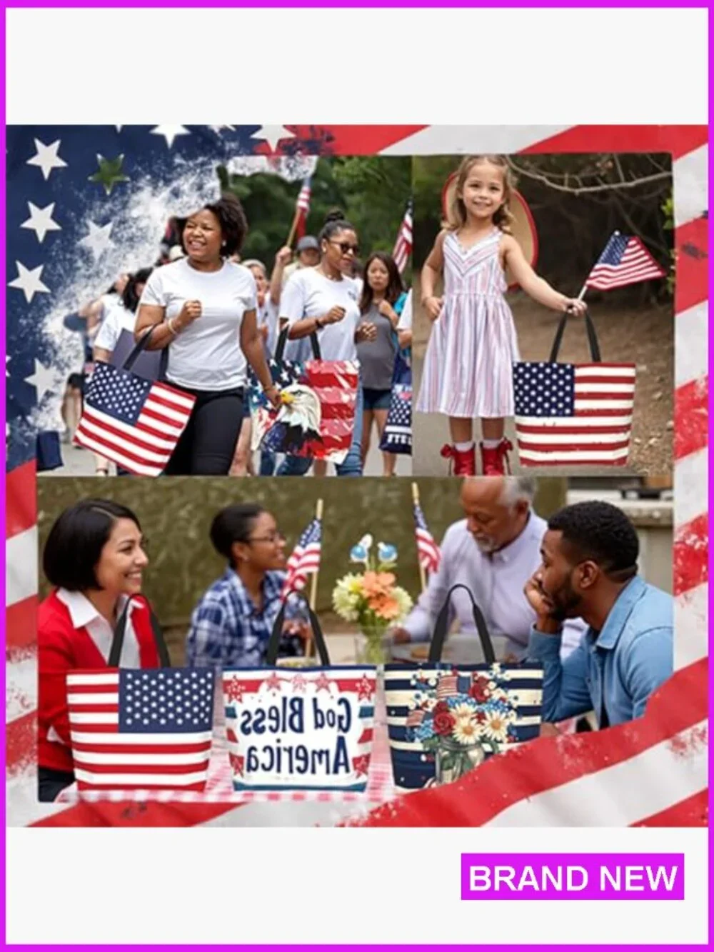Large Tote Bag With Zipper Reusable Lightweight Patriotic Shopping